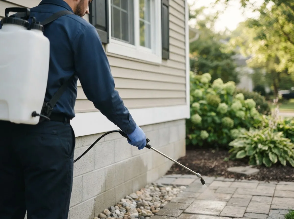 Pest control technician inspecting a home in Wingett Run, OH